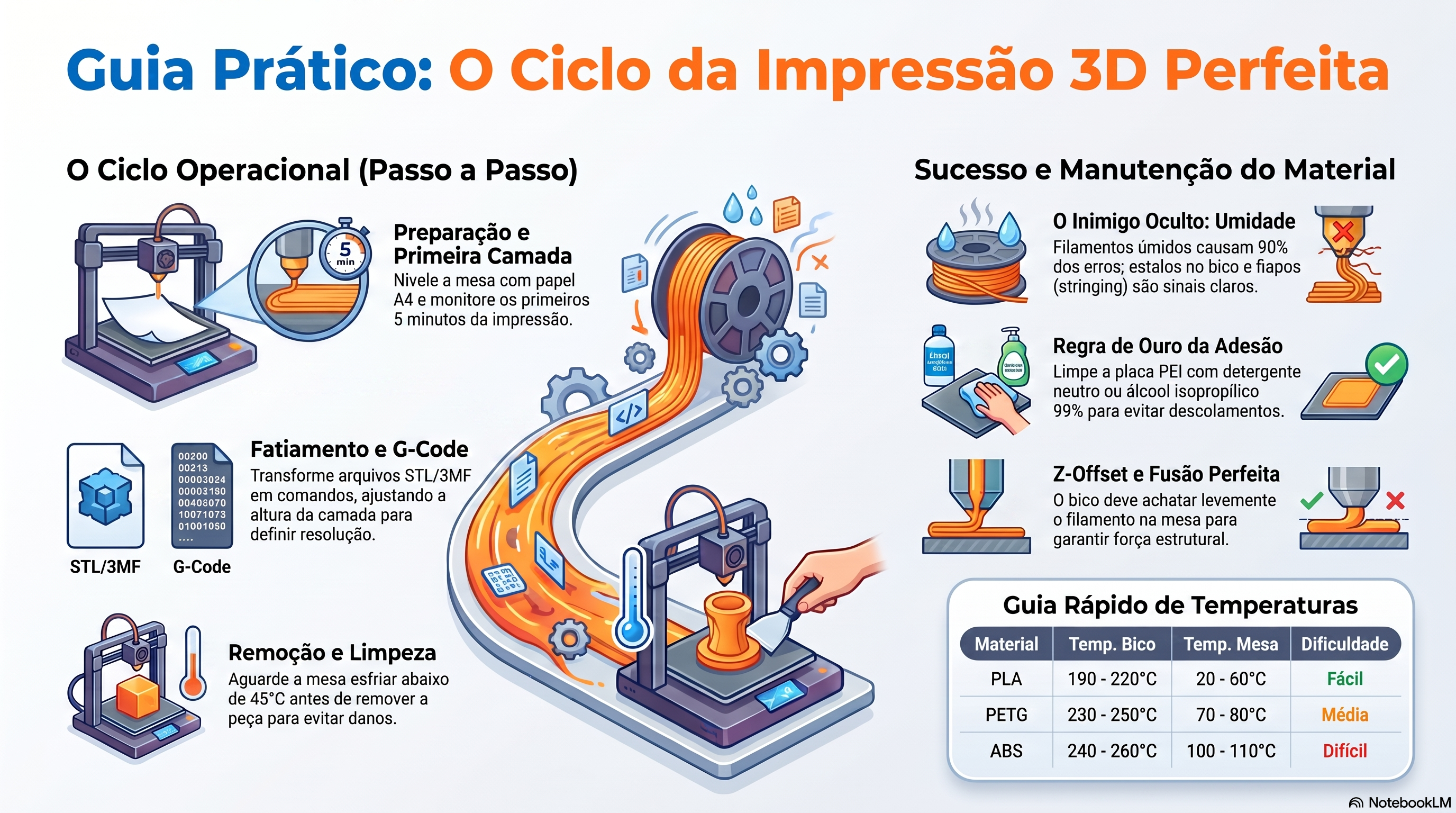 Ciclo da Impressão 3D Perfeita Infográfico explicativo com o passo a passo resumido